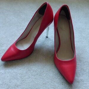 LE CHATEAU bright red red orange leather pumps with silver heel